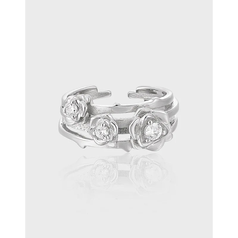 Fashion 3D Design 925 Sterling Silver Wide Mutli-Layered Ring Vintage Rose Flower Ring With Zircon for Women
