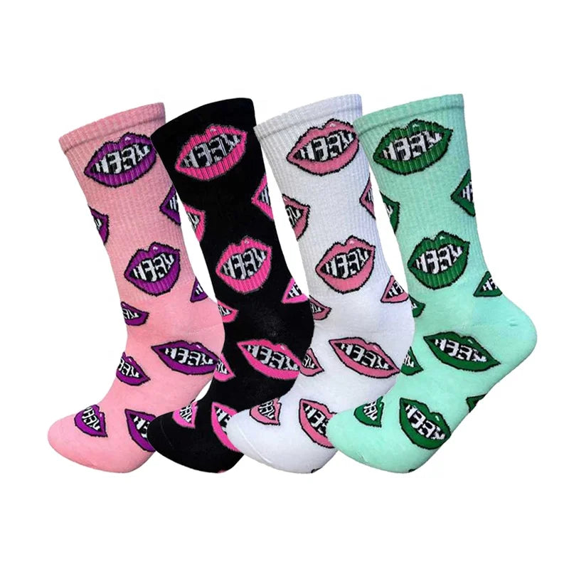 Wholesale Cool Fun Lips Pattern Socks Men Unisex Crazy Street Trendy Cotton Skateboard Socks