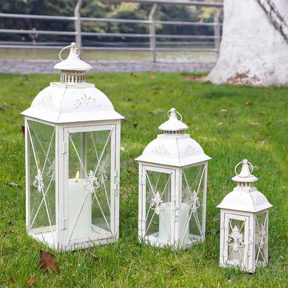 Set of 3 Garden White Candle Lantern Vintage Iron Square Lanterns Hanging Glass Wedding Decorative Lanterns