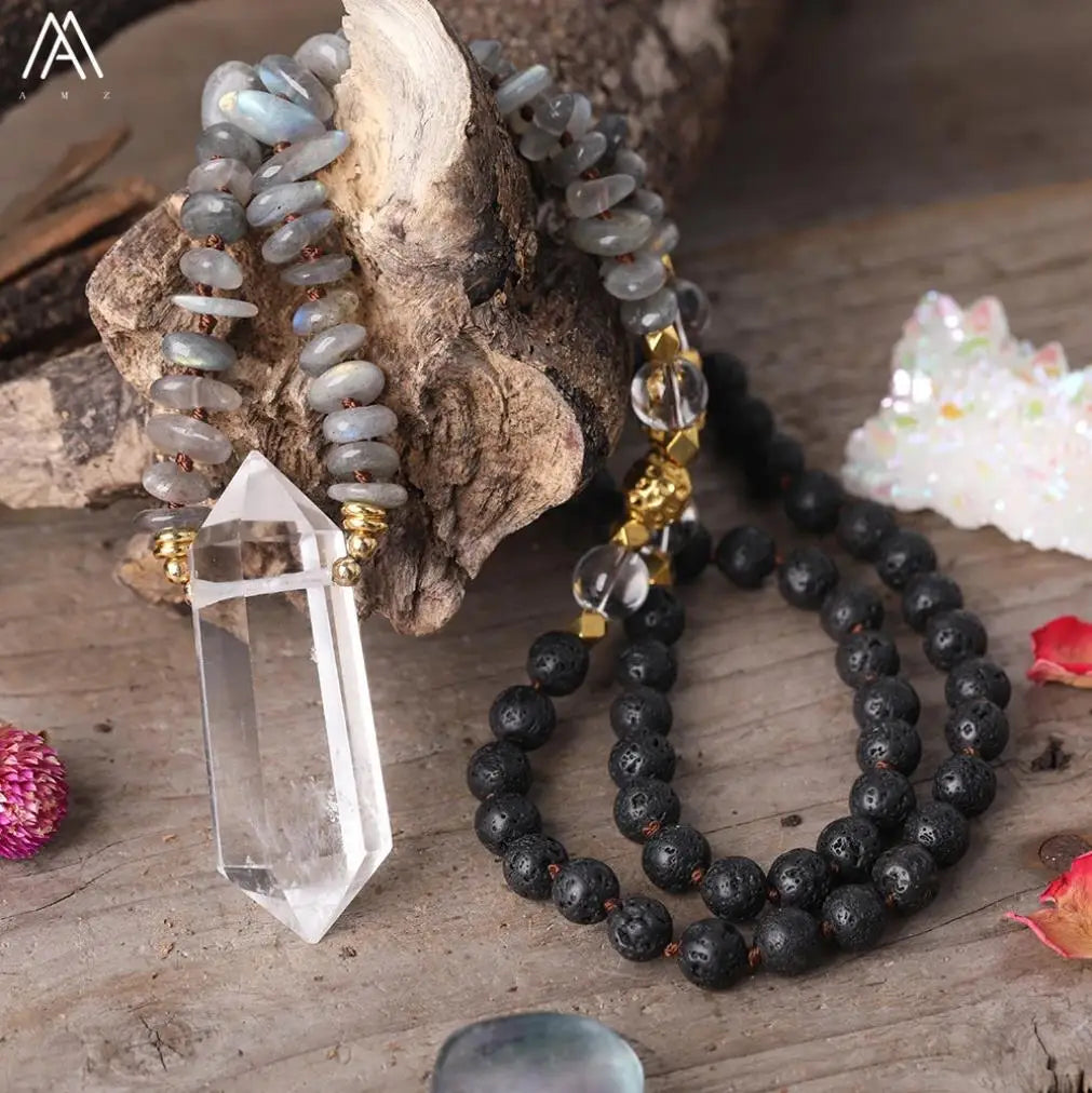 Lava Beads Healing Flash Labradorite Reiki Chakra Knotted Mala Necklace for Men Jewelry Birthday Gift