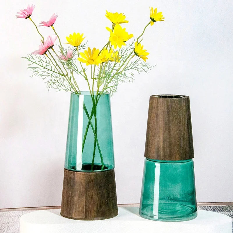Wedding Decor Water Raised Flower Vase Hotel Green Smoke Gray Flower Arrangement Decoration Wooden Cover Bottom Glass Vase Se