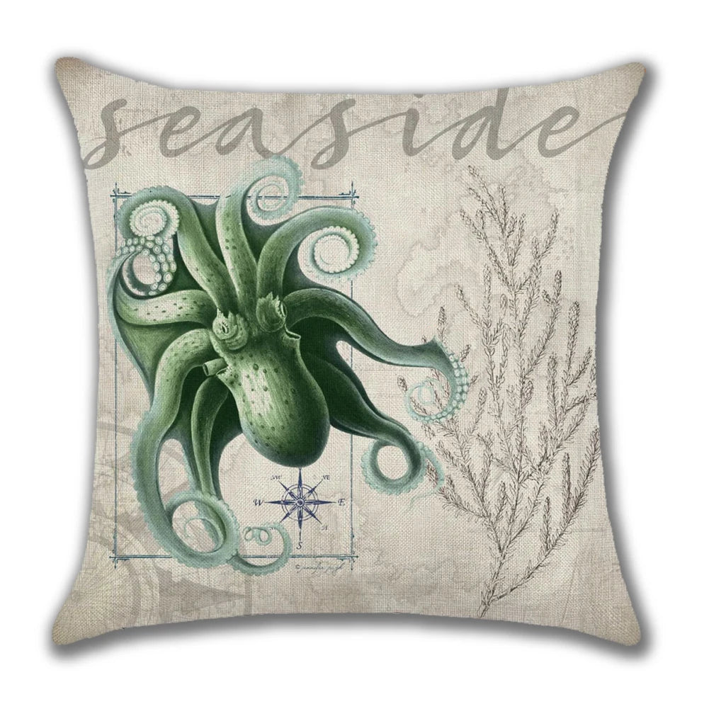 Sea Life Decorative Pillow Case-Underwater Scene with Submarine Crab Seahorse Octopus Turtle Square Cushion Cover for Home De