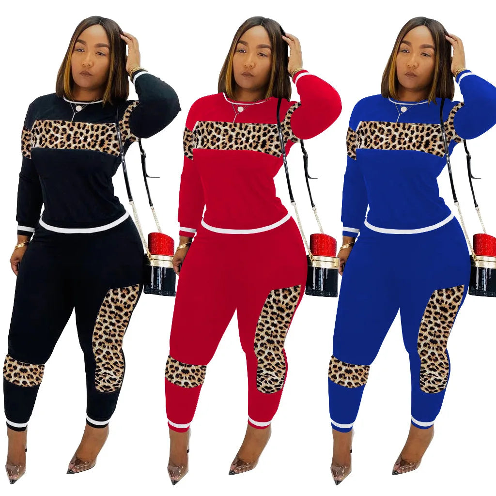Fashion S-3XL Women Autumn Leopard Patchwork Long Sleeve Full Length Jogger Suit Two-Piece Set Top Quick Dry Anti-Pilling