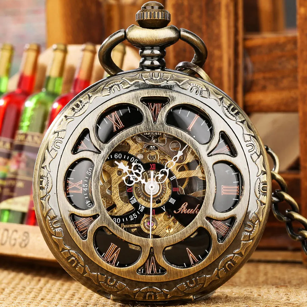 Retro Hollow Bronze Double Hunter Skeleton Steampunk Manual Mechanical Pocket Watch Locket Pendant with Chain for Men Gift