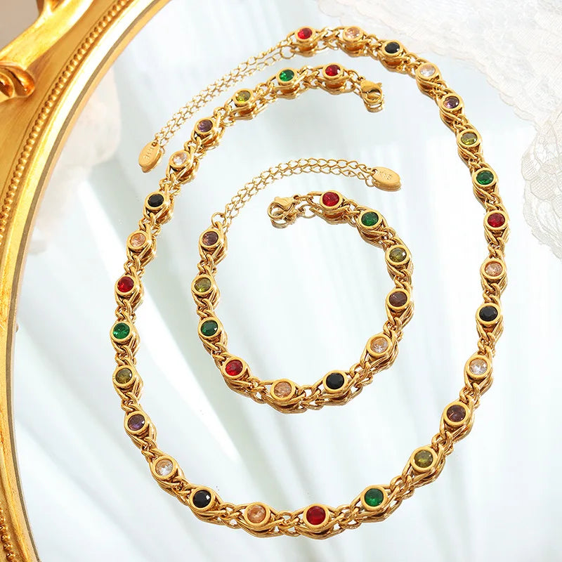 Fashion Luxury Fine Jewelry Cubic Zircon Chokers Necklaces Women Stainless Steel Zircon Jewelry Colorful Zircon Charm Necklac
