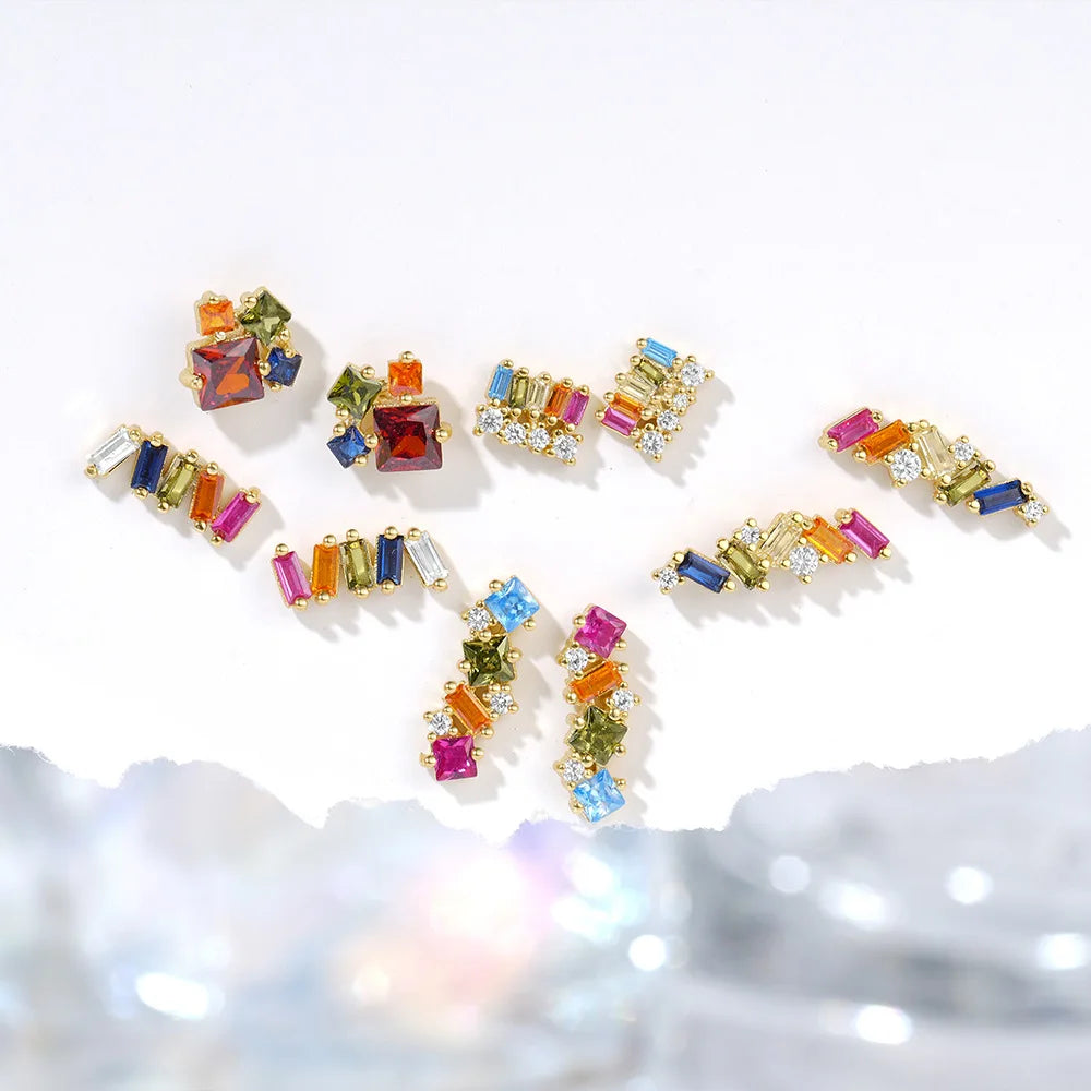 Fashion Jewelry 925 Sterling Silver Geometric Colorful square Rectangle Round Diamond Gold Plated Stud Earrings Women