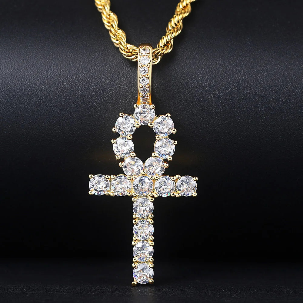 European Hot Selling Vintage Egyptian Jewelry Gold Filled Iced Out Bling Bling CZ Diamond Ankh Cross Pendant Necklace