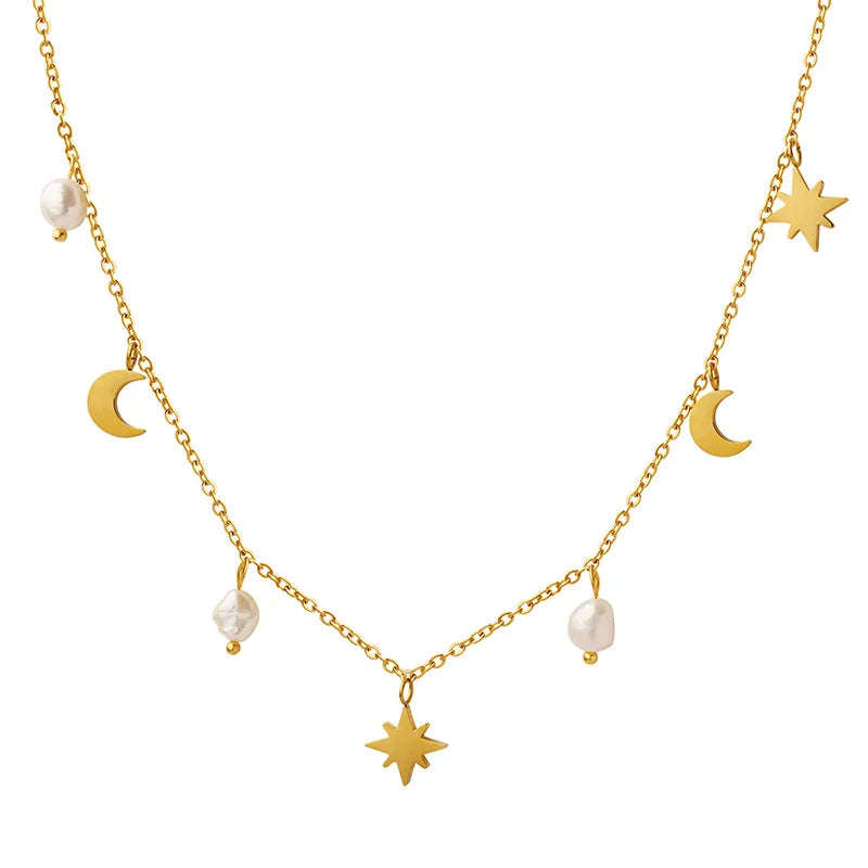 Wholesale Custom Women Jewelry 18K Gold Plated Stainless Steel Chain Link Moon Star Natural Freshwater Pearl Charm Necklace