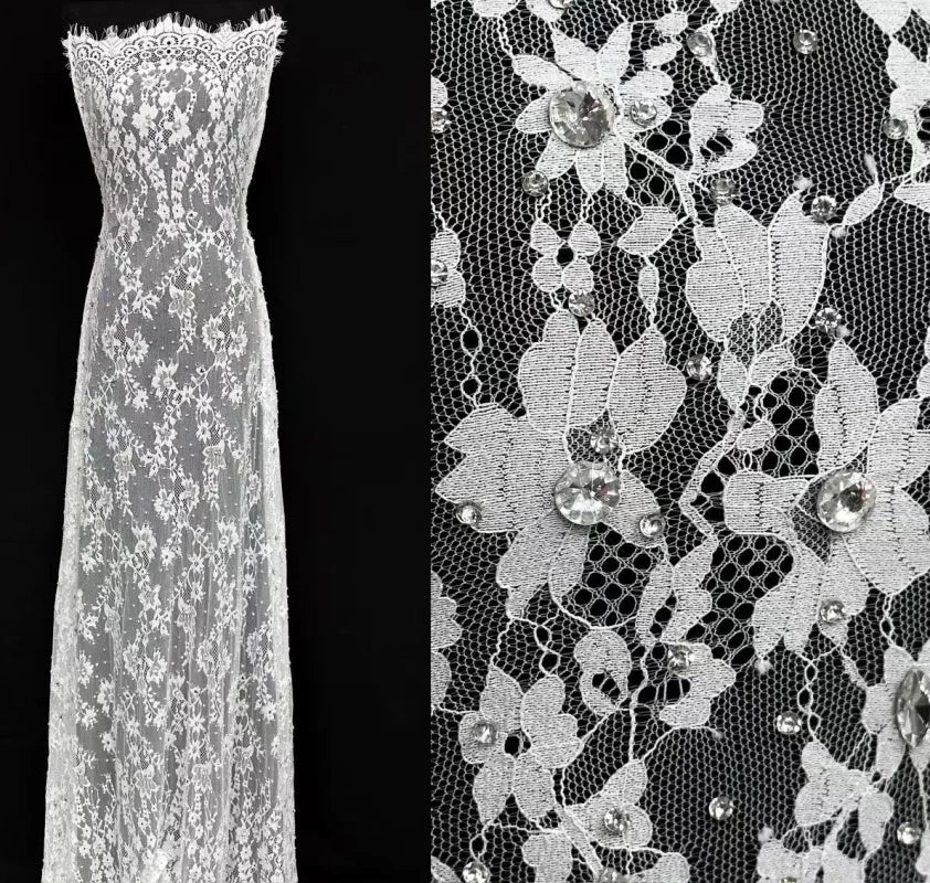 Beaded Tulle  Shimmering Crystals on a  White Tulle Sequins Textile