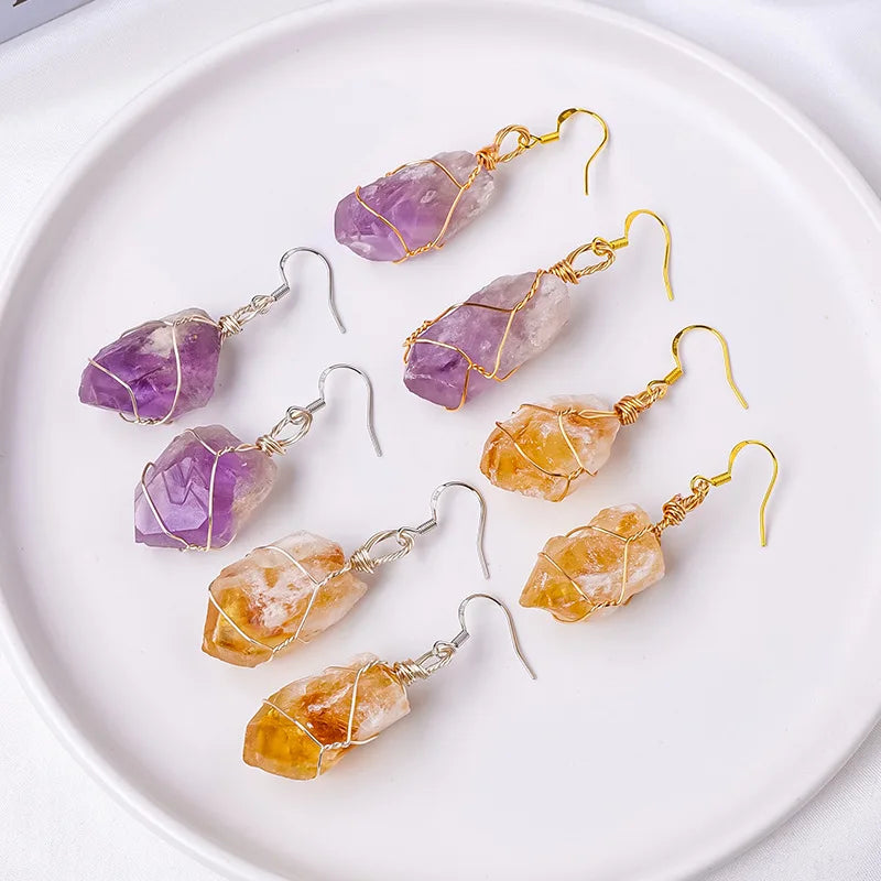 Natural Raw Citrine Amethyst Crystal Point Rough Gemstone Cluster Healing Handmade Gold Wire Wrapped Pendant Earrings for Wom