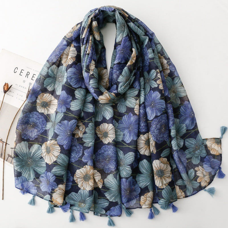 Bohemia Style Flower Print Cotton Voile Scarves With Tassels Muslim Women Long Large 180*90CM Cotton Feeling Scarf Shawl Hija