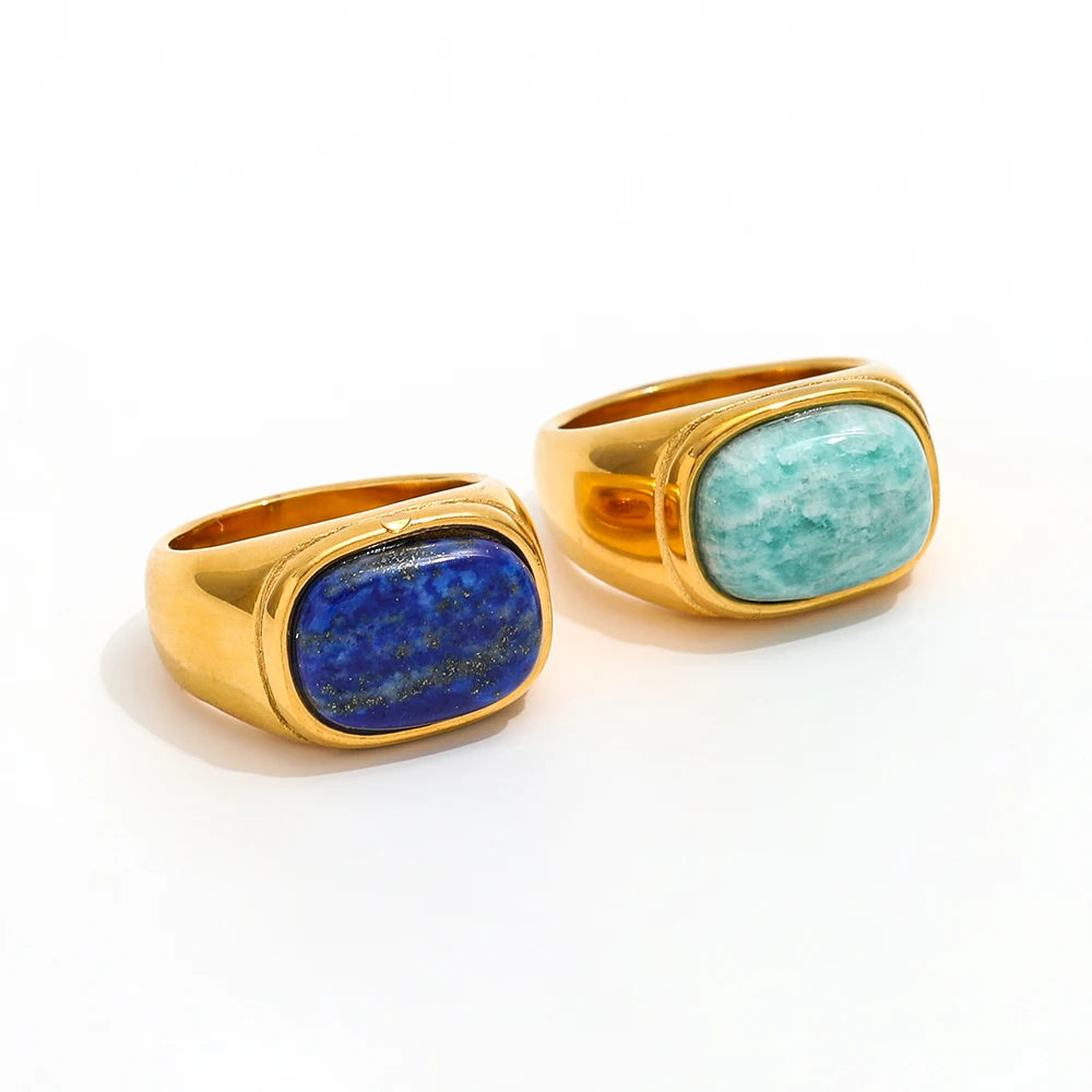 Joolim Stainless Steel Jewelry Wholesale 18K Gold Plated Oval Colorful Natural Stone Chunky Band Ring for Women Dainty Rings