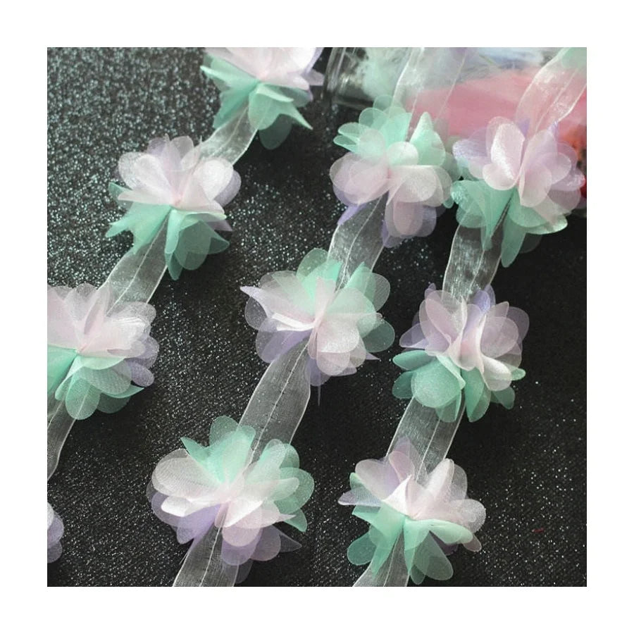 Wholesale 6cm 3D Multi-color Chiffon Flower Lace Trimming Fabric for Clothing Dancing  Bridal Dress XF18 12 Flowers/yard