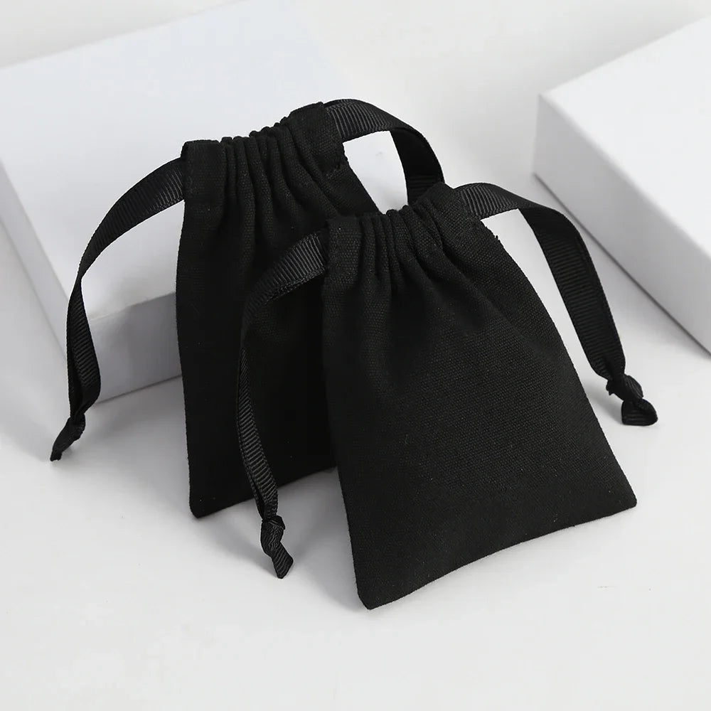 Wholesale Custom Logo Jewelry Packaging Bags Black Medium Cotton Canvas Drawstring Jewelry Pouch Gift