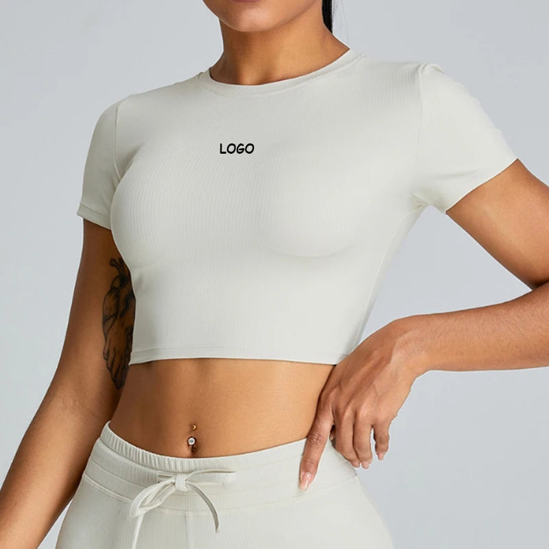 Women's Gym Fitness Crop Top Shirt Custom Logo Ribbed Slim Fit Design Short Sleeve Solid Style Spandex Sportswear Direct Fact