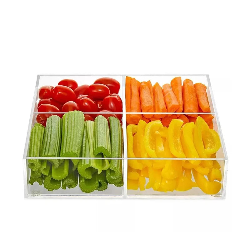 Clear Acrylic Food Tray with 4 Dividers Serving Dish Food Veggie Tray Lucite Fruit Platter Tray