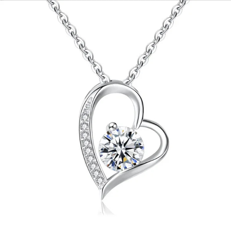 S925 Silver Fashion Jewelry Love Heart Pendant Necklaces Bling Cubic Zirconia Sterling Silver Heart Jewelry Necklace for Wome