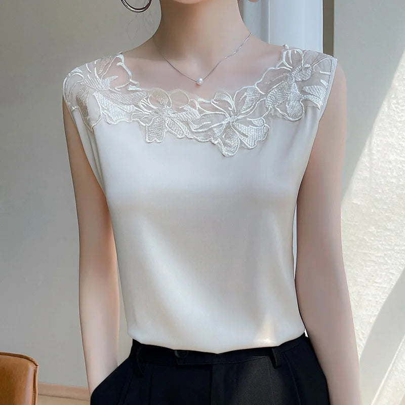 Boutique Wholesale 2026 Summer New Round Neck Sleeveless Tank Top Mesh Splice Versatile Women's Vest T-shirt