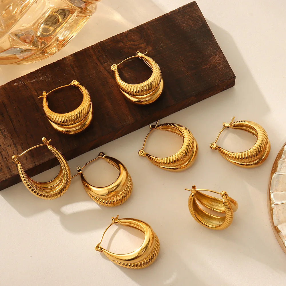 Trendy 18K Gold Plated U Cross Grain Double-layer Statement Hoop Earring for Women Stainless Steel Earring Wholesale