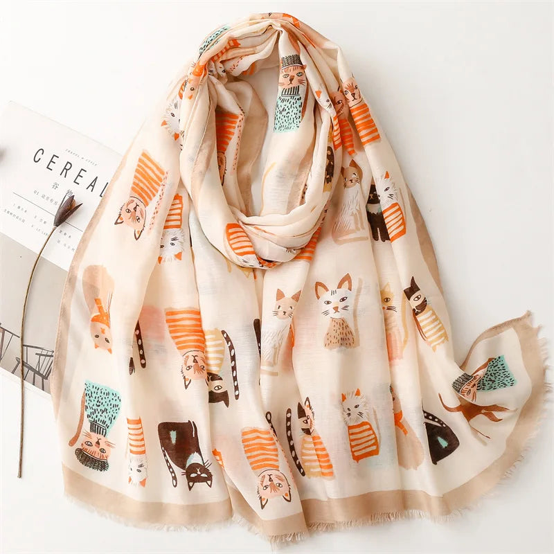 Latest Design Fancy Cat Pattern Cotton Scarves Shawls Women Long Large Cotton Head Scarf Luxury Animal Print Viscose Hijab Sc