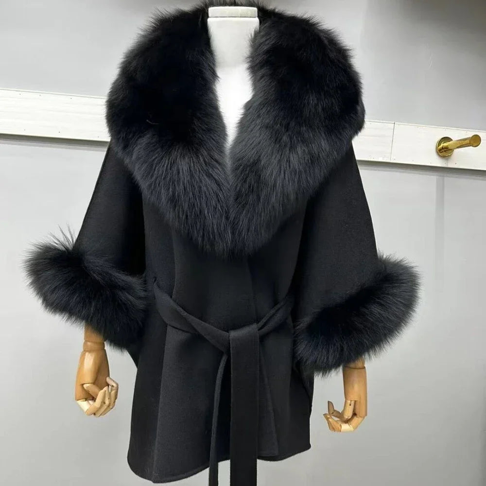 OFTBUY 2025 Autumn Winter Warm New Fox Fur Collar Large Turn-down Collar Women Loose Version 100% Wool Woolen Coat Luxury