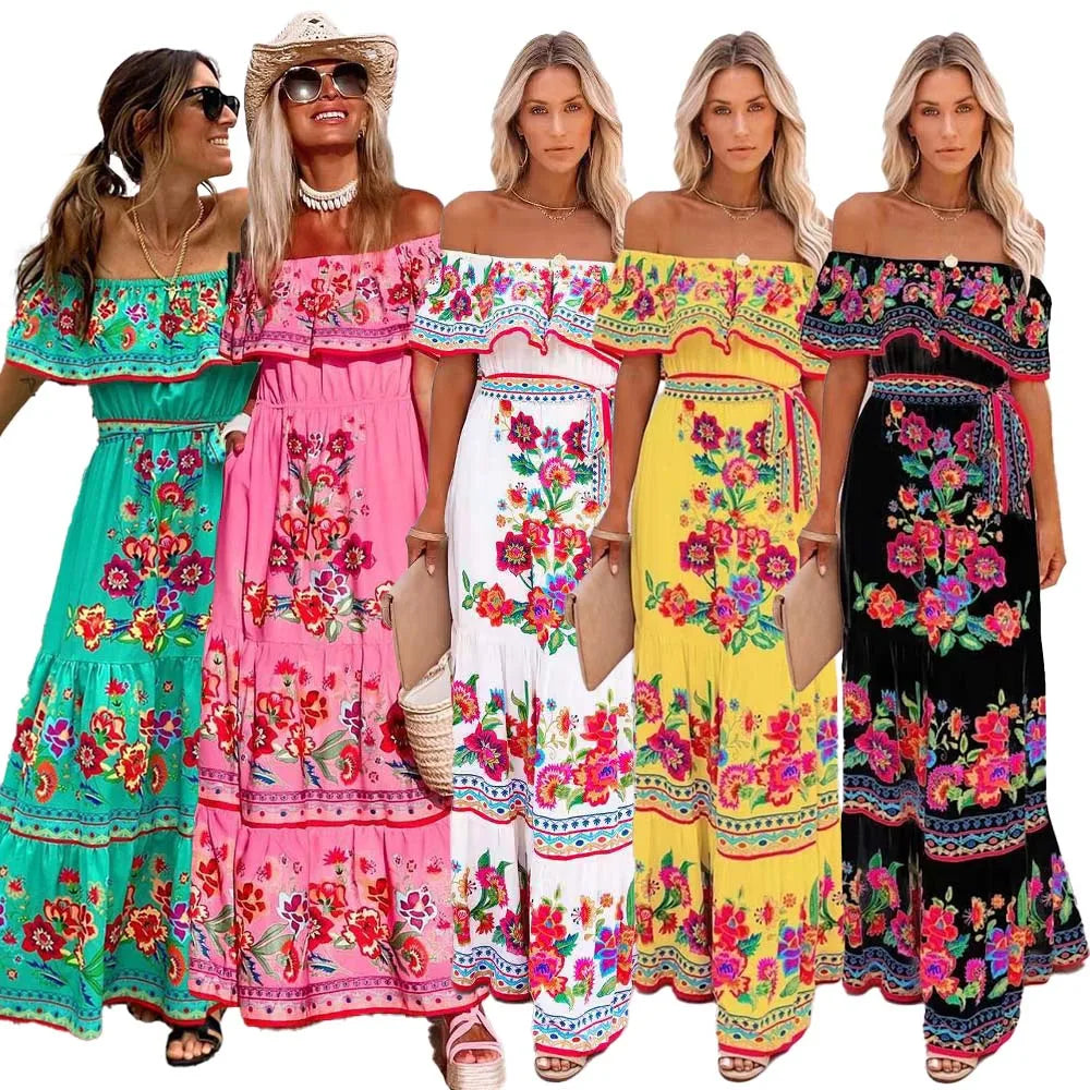 Mexican Traditional Ethnic Mexican Cinco De Mayo Summer Floral Print Off Shoulder Women Mexican Dress  MTWM-002