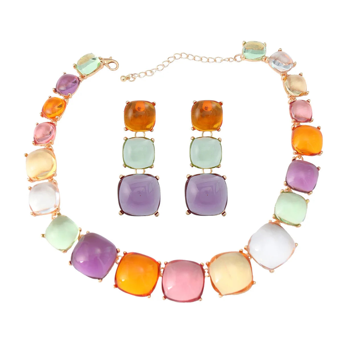 Zooying Multi Color Resin  Beaded  Rainbow Summer Statement Bohemian Jewelry   Beach Anniversary Stylish Necklace Set