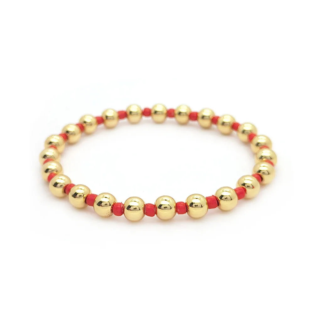 Gold Copper 6mm Bead Bracelet with Millet Bead Elastic Bracelet for Gift