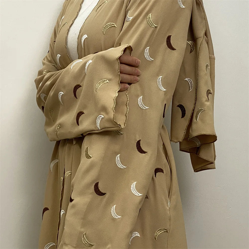 Heavy Duty Moon Embroidery Front Long Open Classic Style Dubai UAE American Muslim Women Abaya Kimono
