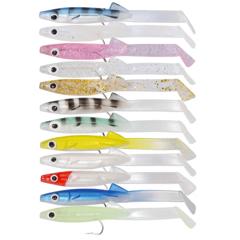 Eel Soft Fishing Lure 80mm 2.3g Glow Soft Bait with Hook Fishing Tackle Spanish Lures 6pcs/bag T Tail Small Fish Pesca Bait