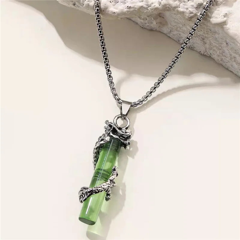 Wholesale Colorful Dragon Pillar Charm Necklace Personalized Punk Stainless Steel Dragon Wrapped Crystal Stone Necklaces for 