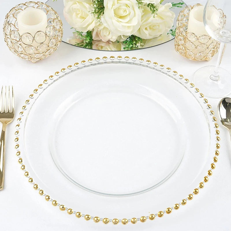 Wholesale Gold Rim Beaded Glass Charger Plates for Home Wedding Events Tabletop Tableware Decor Elegant Dinner Dishes Plates