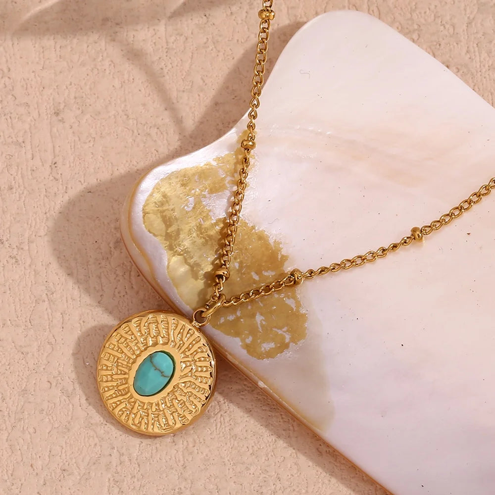 Hammered Turquoise Natural Gemstone Jewelry Gold Plated Vintage Jewelry for Women Stainless Steel Necklace
