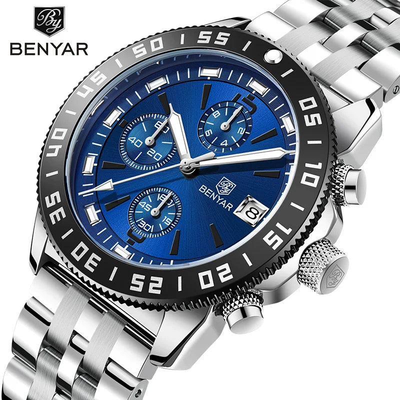 BENYAR 5198 Relojes Hombre New Watches Men Luxury  Chronograph Male Sport Watches Waterproof Stainless Steel Quartz Watch