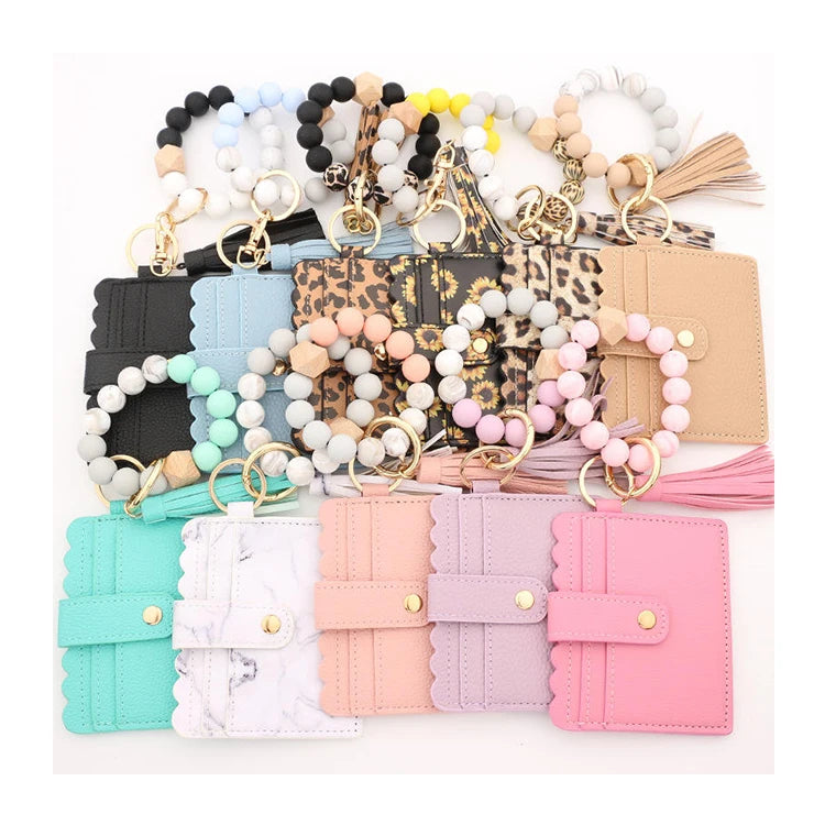 Custom Silicone Bead Bracelets Card Holder Keychain Leather Tassel Bracelet Purse Wallet Wristlet Keychain