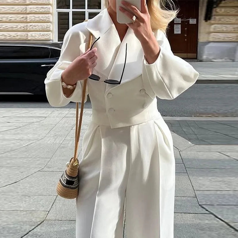 Boutique Wholesale 2026 Autumn New Season Solid Color Flip Collar Waist Waist Slimming Suit Temperament Commuting Women's Set