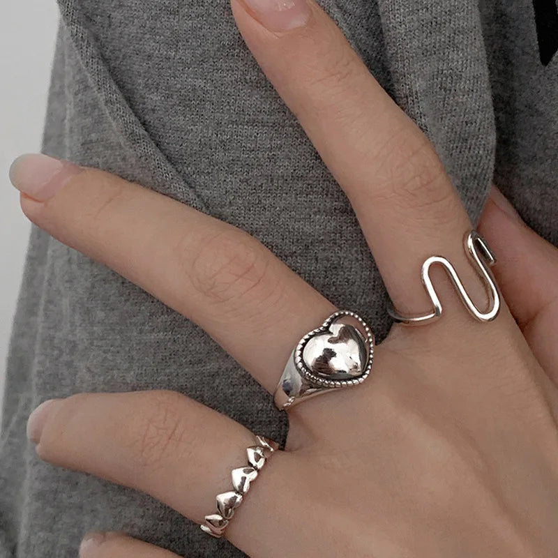 Simple Heart Rings Friendship Geometric Hollow Peach Heart Silver Rings Charm  Fashion Jewelry Ring Set for Girls