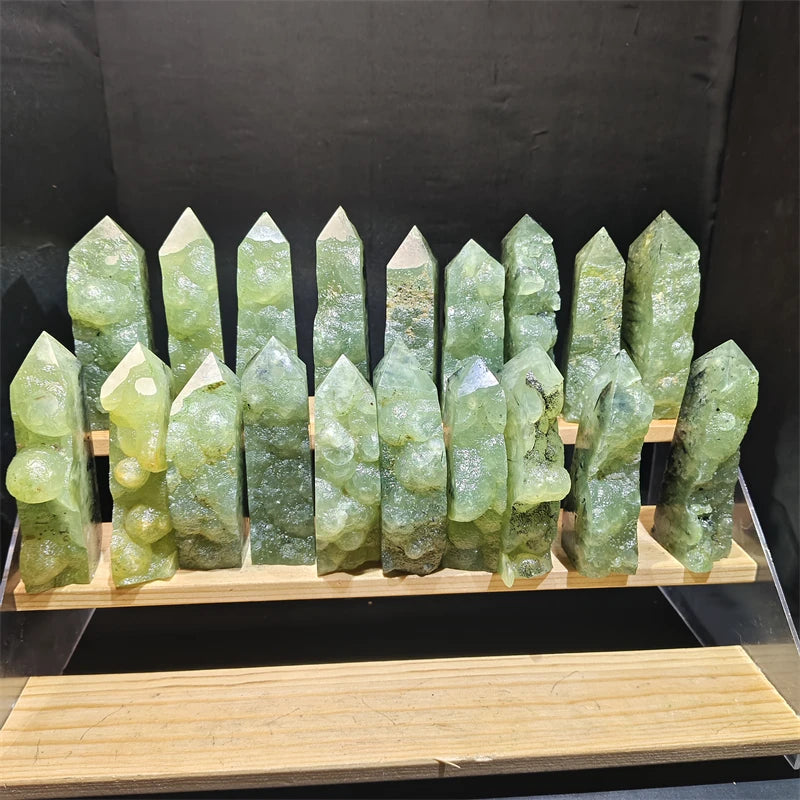 Natural Raw Prehnite Point with Druzy Healing Stones Crystal Tower for Decoration