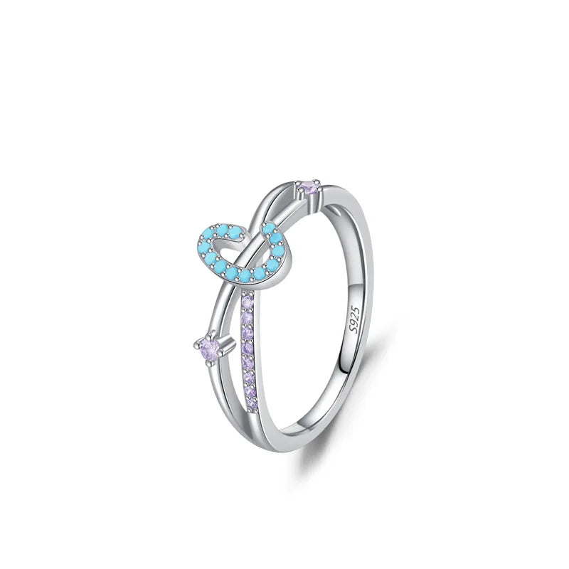 Simple Sweet Purple Zircon S925 Sterling Silver Ring Turquoise Inlaid Letter C Cross Rhodium Plated for Weddings