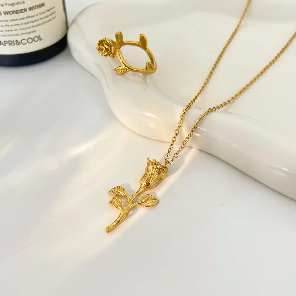 Romantic Rose Collar Necklace Ring Jewelry Set Stainless Steel Gold Plated 18k Fashion Jewelry