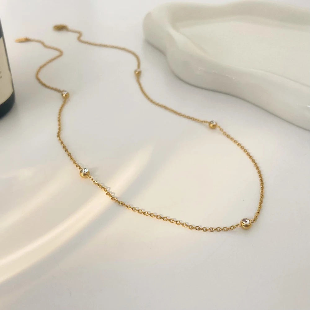 Hot Selling Instagram  Neck Chain Joyas De Acero Inoxidable Stainless Steel 18k Gold-plated Minimalist Round Zircon Necklace