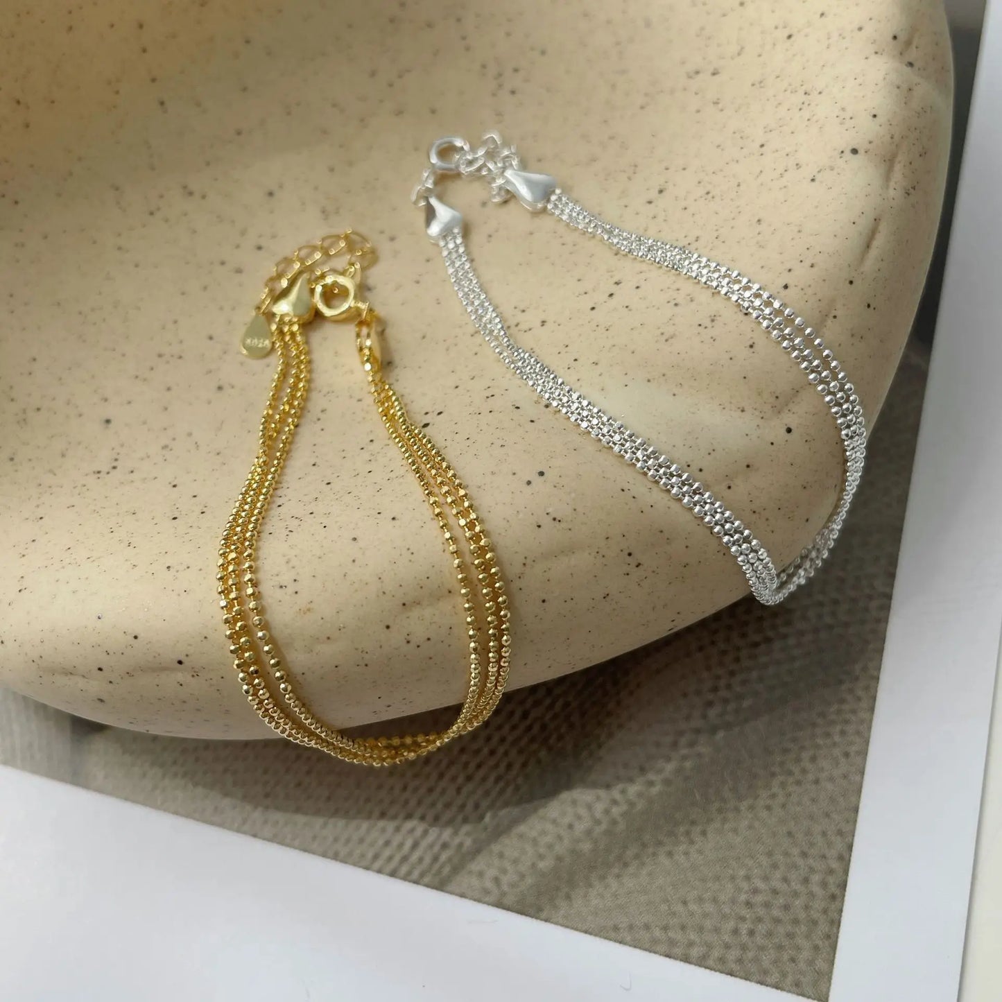 Wholesale 925 Silver Chain Bracelet Jewelry Sparkling Layered Wear Sterling Silver Simple Beads Three Layer Bracelet Women