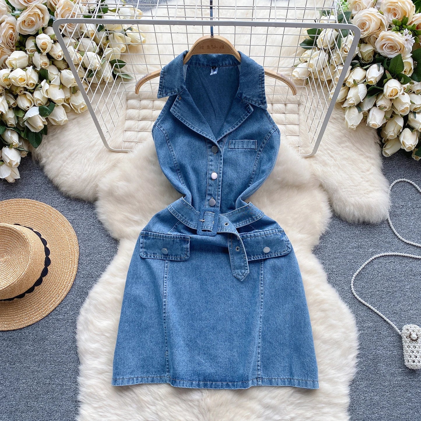 Summer Vintage Turn-down Collar Sun Midi Dress for Women Sleeveless Empire Denim Dress