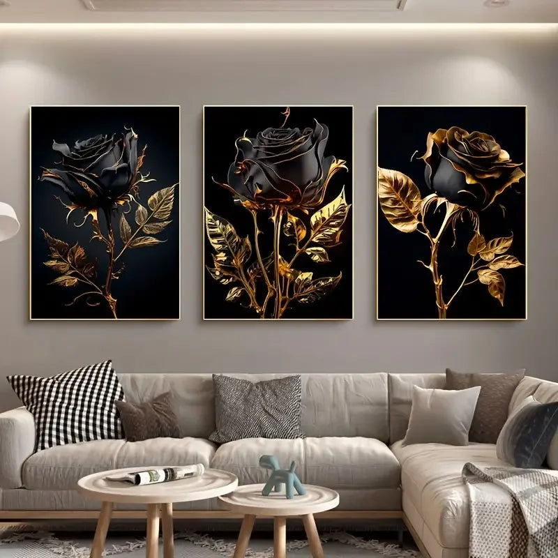 Wholesale Floral Canvas Poster and Prints Set of 3 Black & Gold Rose Elegant Modern Wall Art Painting for Living Room Home De