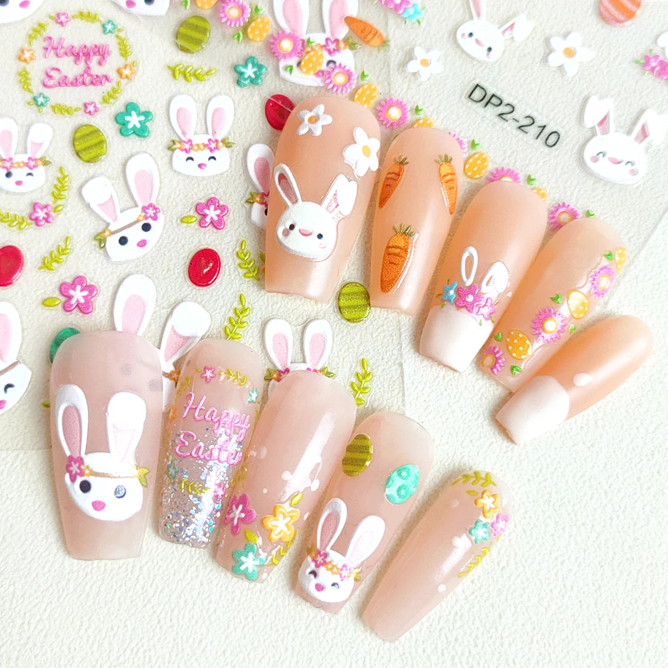 Five & Ten GMPC/Sedex/ISO/EUDR Supplies Rabbit Radish 5D Easter Nail Stickers with Adhesive Cartoon Stickers Tips Accessories