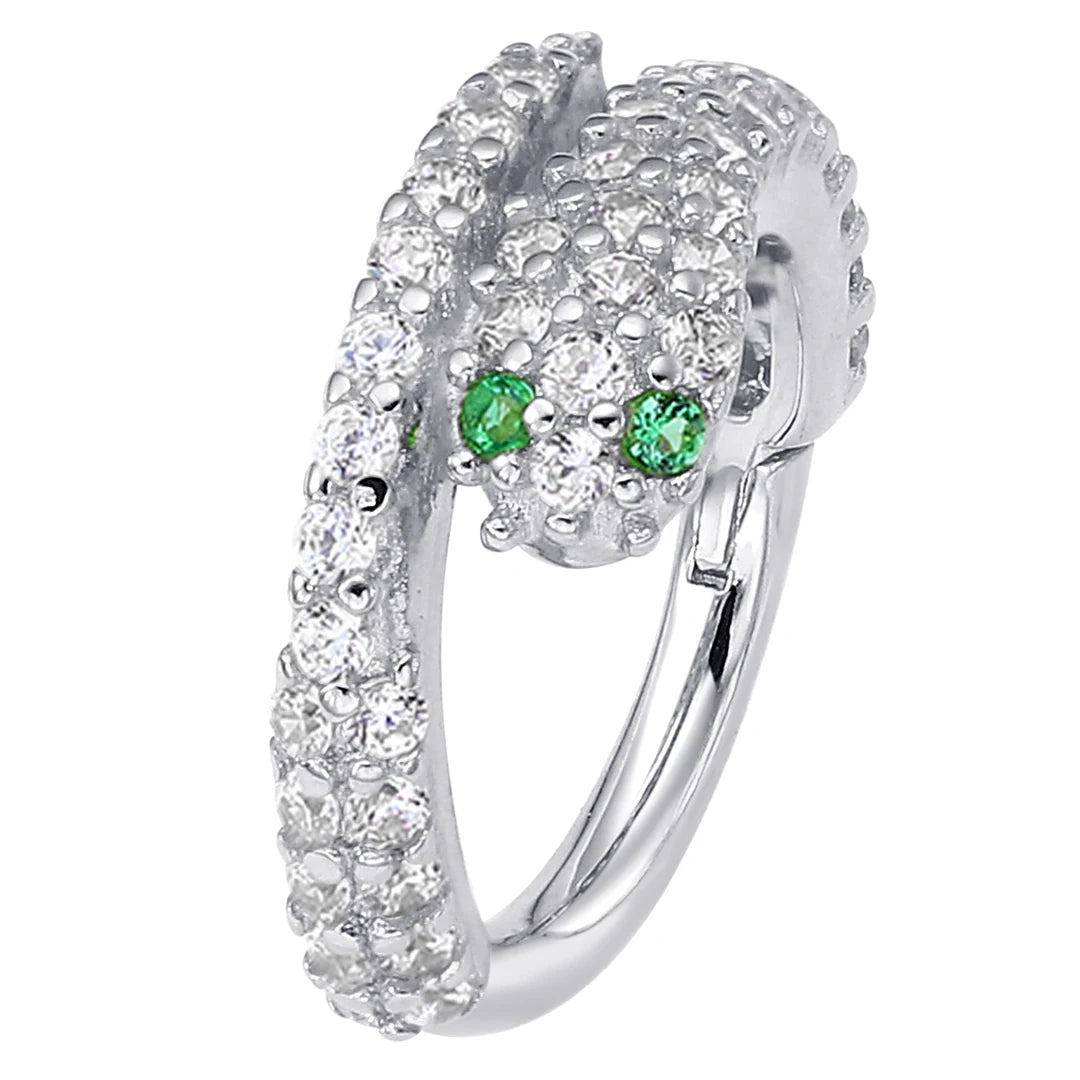 Eternal Metal 14K Solid White Gold 5A CZ Paved Snake Hinged Segment Hoop Clicker Nose & Helix Piercing Jewelry