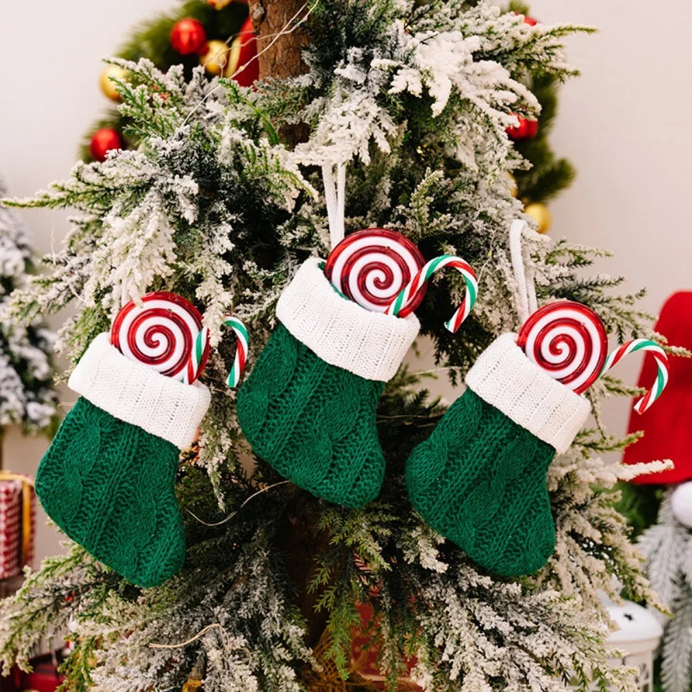 2024 Christmas Decorations Creative Green Red Knitted Socks Mini Christmas Stockings Pendant Christmas Tree Decoration Socks
