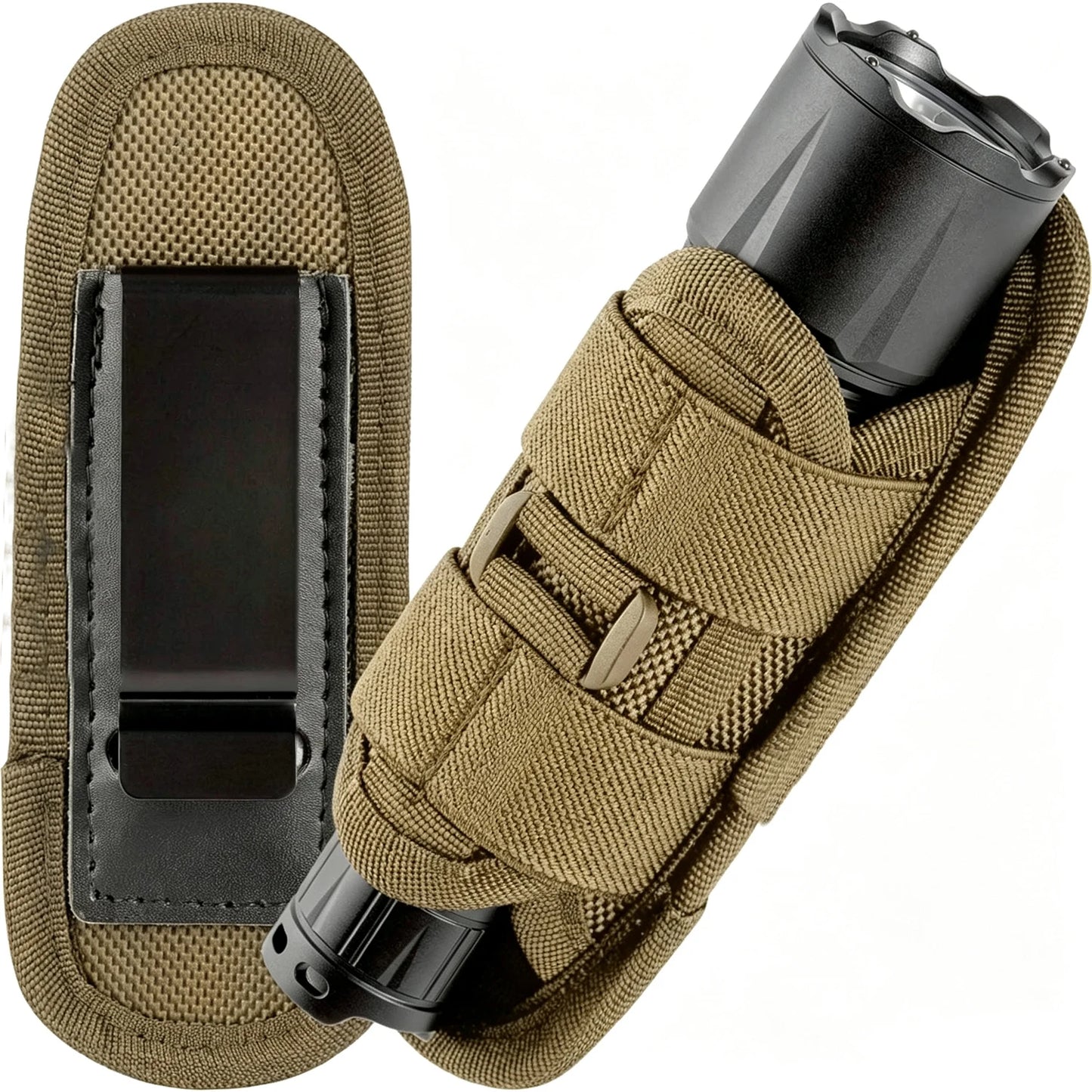 Tactical Flashlight Pouch Holster Molle Rotatable Torch Holder with Metal Carabiner Reel Clip for Duty Belt Carry Case