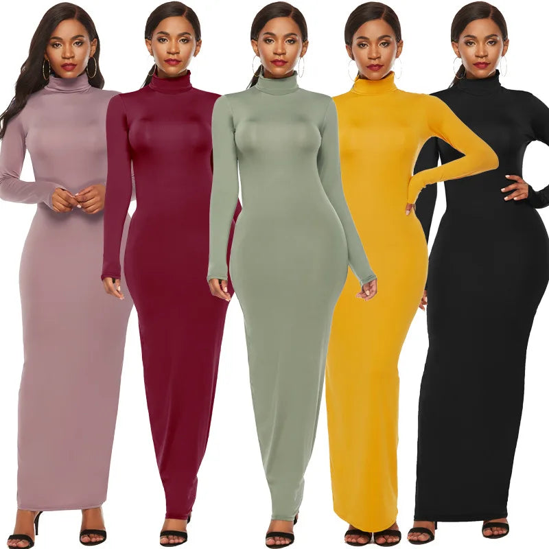 New Product Solid Color Turtleneck Plus Size Knitted Casual Bodycon Long Sleeve Women Dresses
