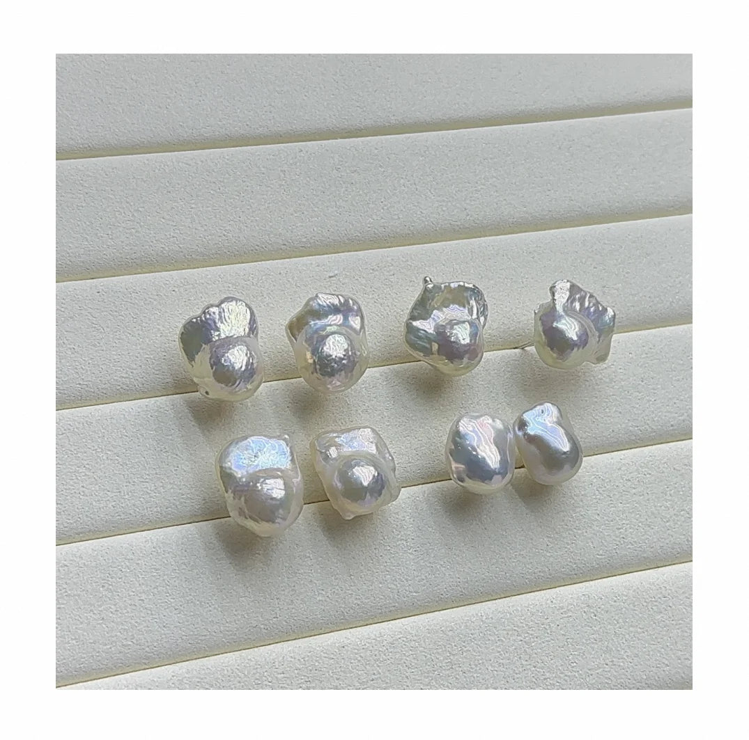 12-15mm Strong High Luster Baroque Pearl Stud Pin Freshwater Pearl Earrings  925 Sterling Silver Fashion Design